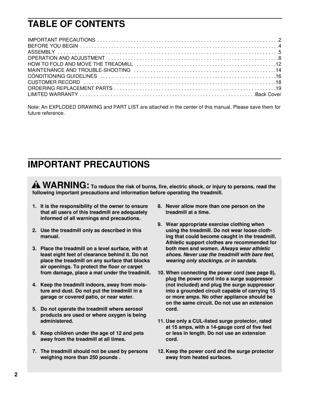 ProForm PCTL53590 user manual Table of Contents, Important Precautions 