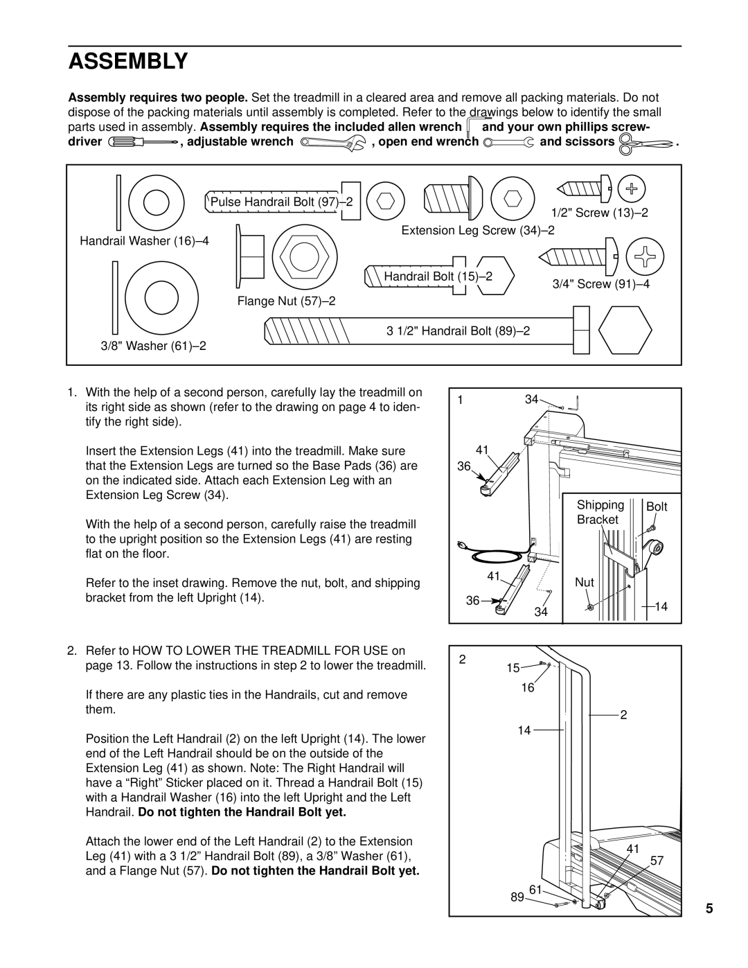 ProForm PCTL53590 user manual Assembly, Parts used in assembly 