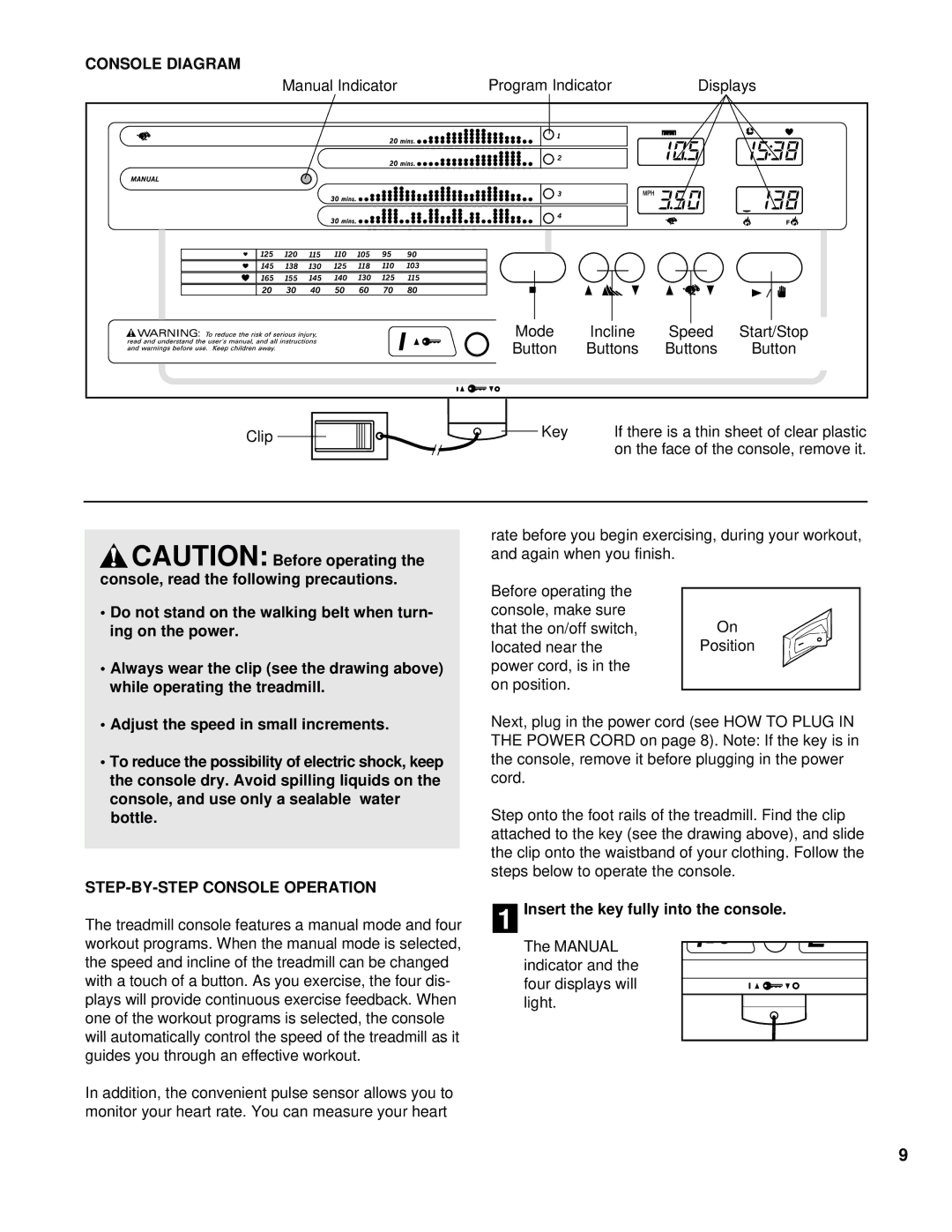 ProForm PCTL53590 user manual Console Diagram, STEP-BY-STEP Console Operation, Insert the key fully into the console 