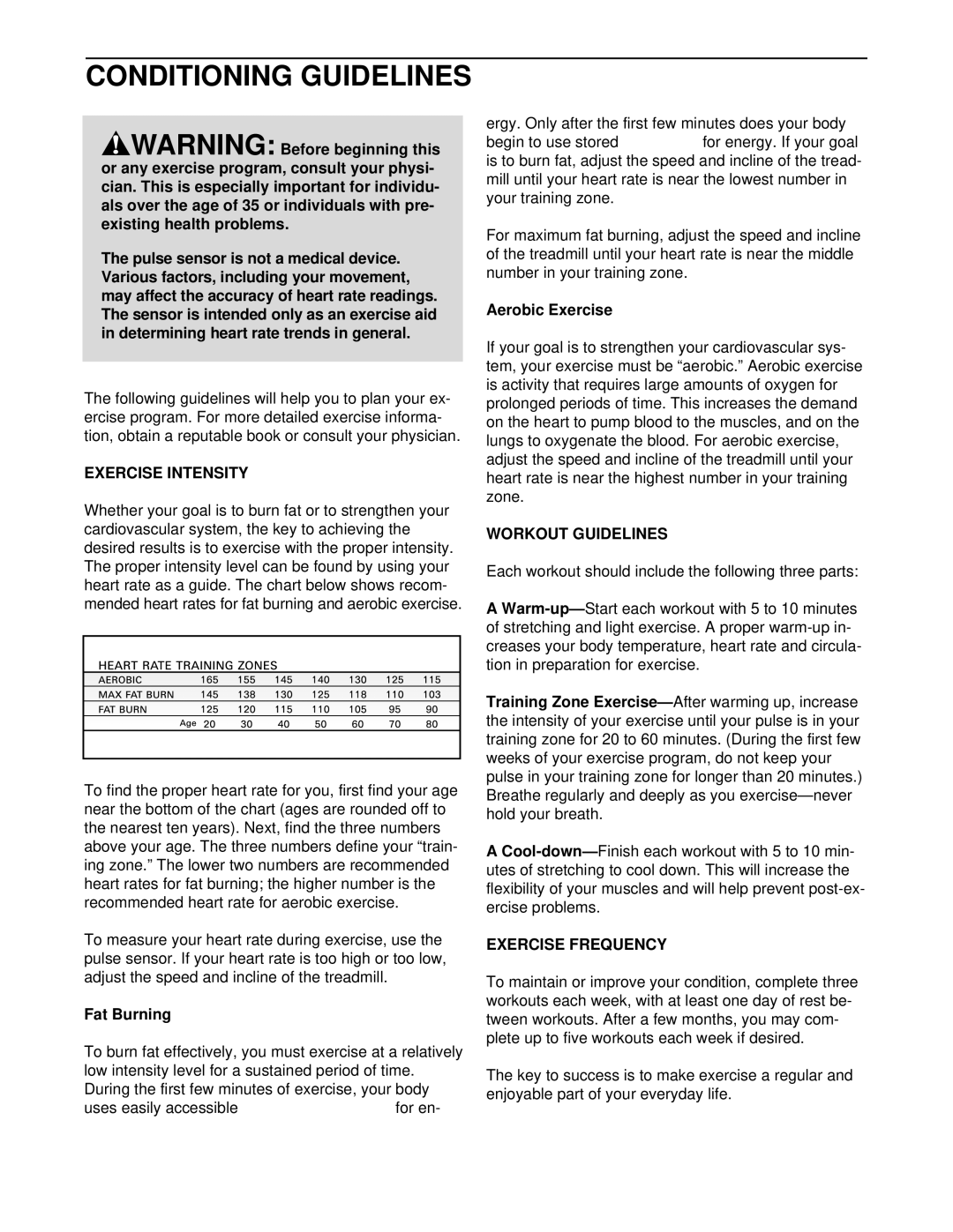 ProForm PCTL55810 user manual Conditioning Guidelines, Exercise Intensity, Workout Guidelines, Exercise Frequency 