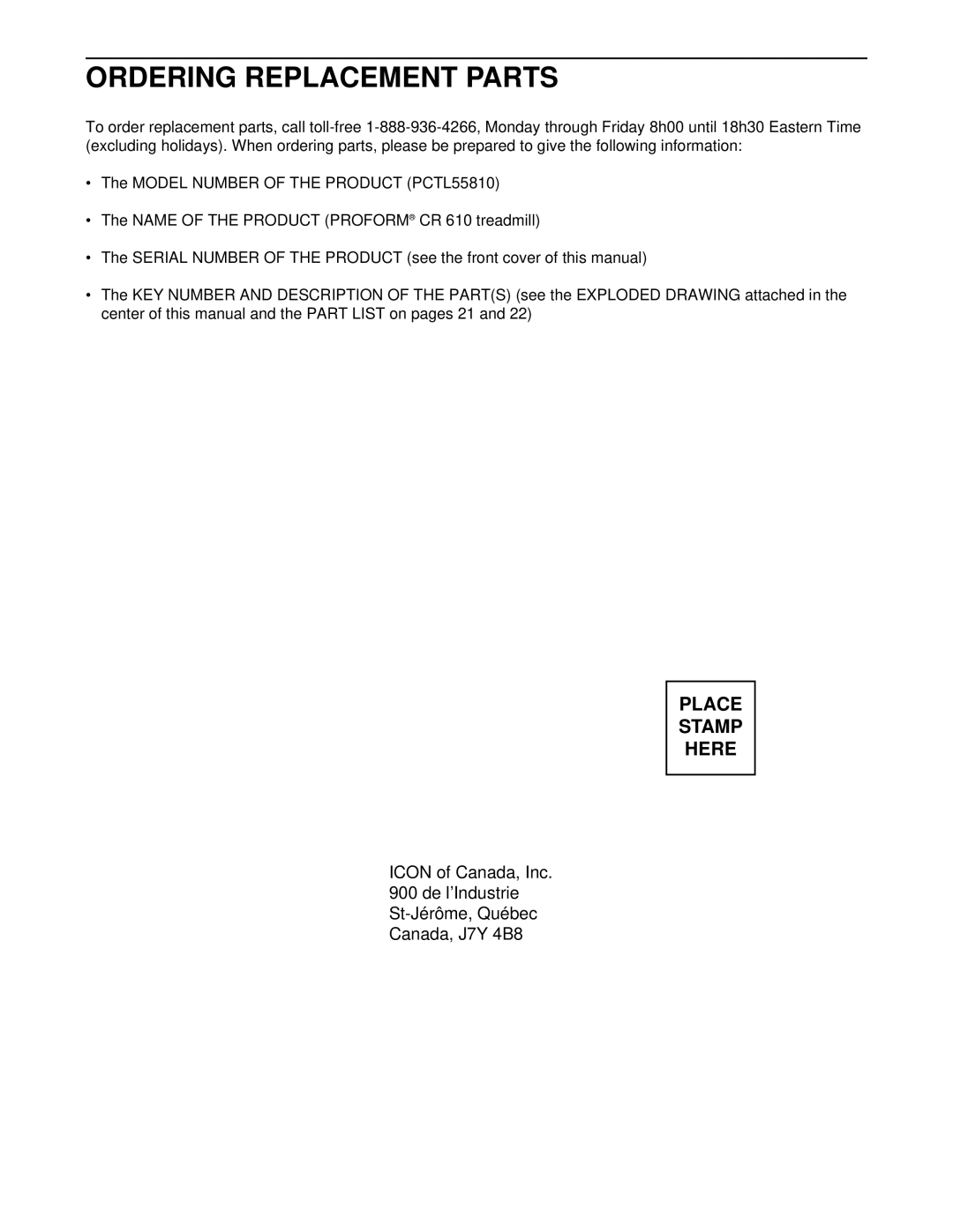 ProForm PCTL55810 user manual Ordering Replacement Parts 