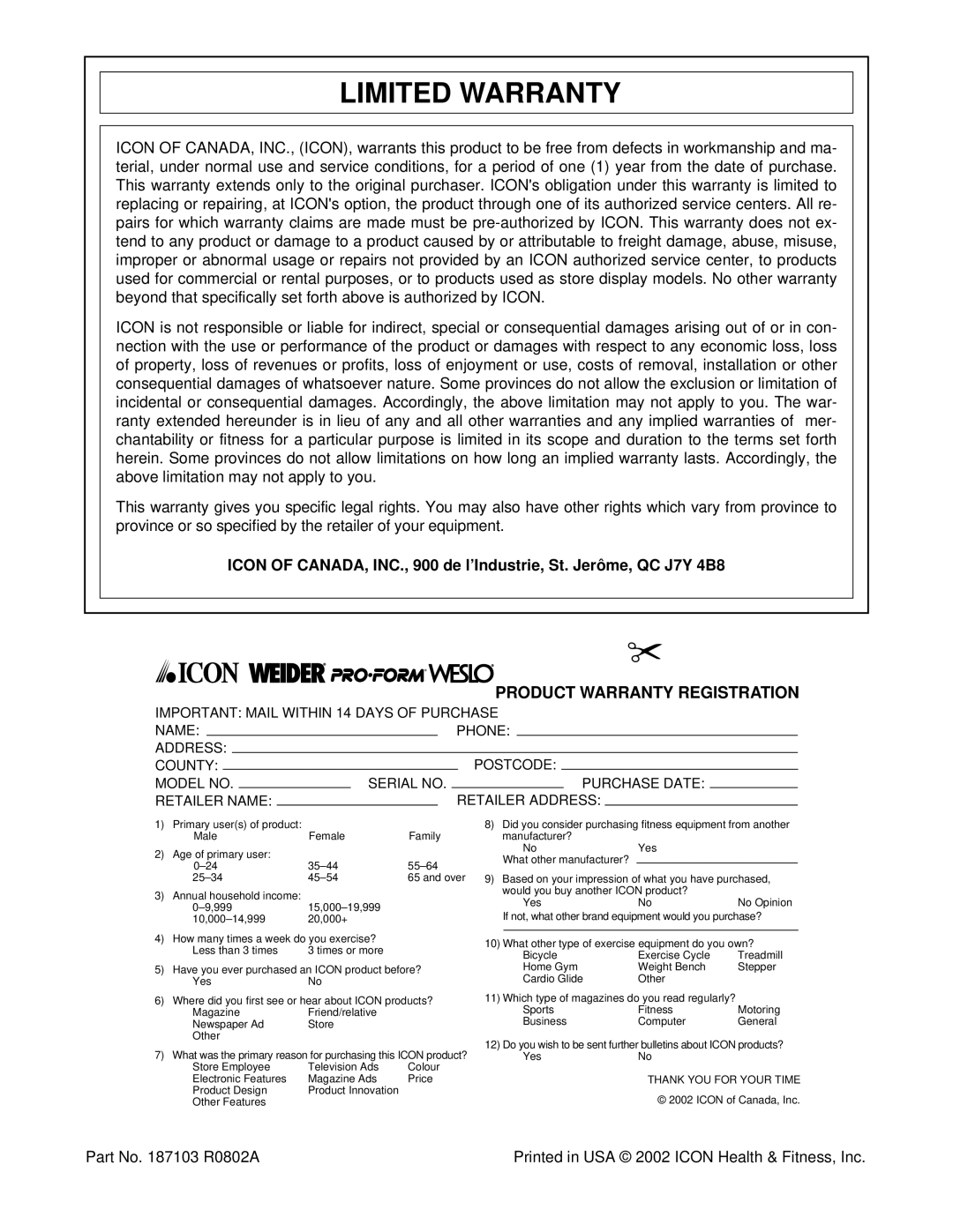 ProForm PCTL55810 user manual Limited Warranty, Part No R0802A 