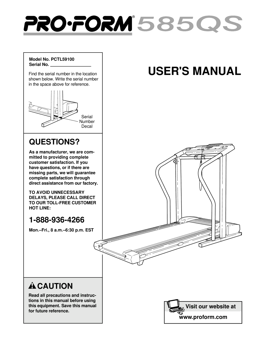 ProForm user manual Questions?, Model No. PCTL59100 Serial No 