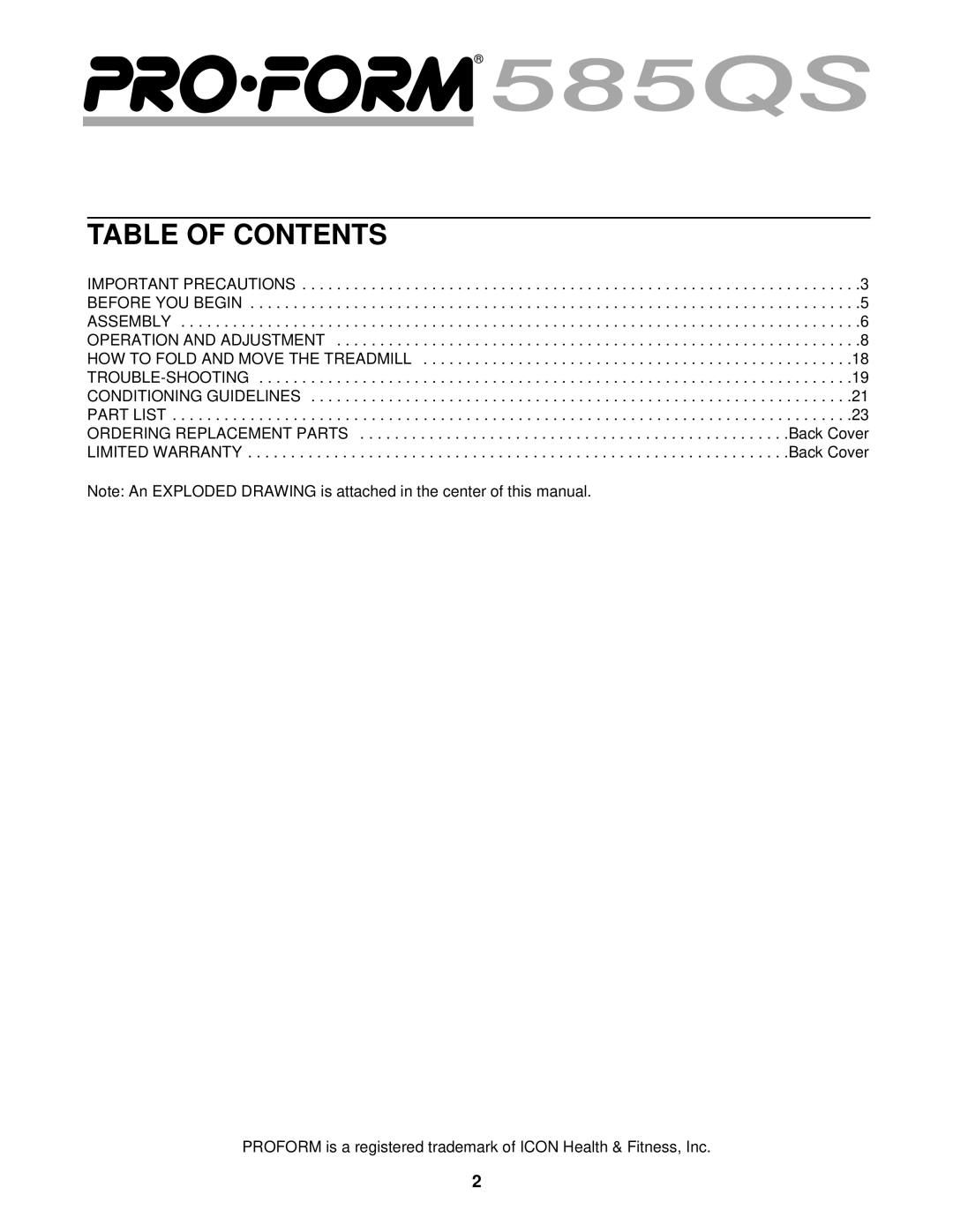 ProForm PCTL59100 user manual Table of Contents 