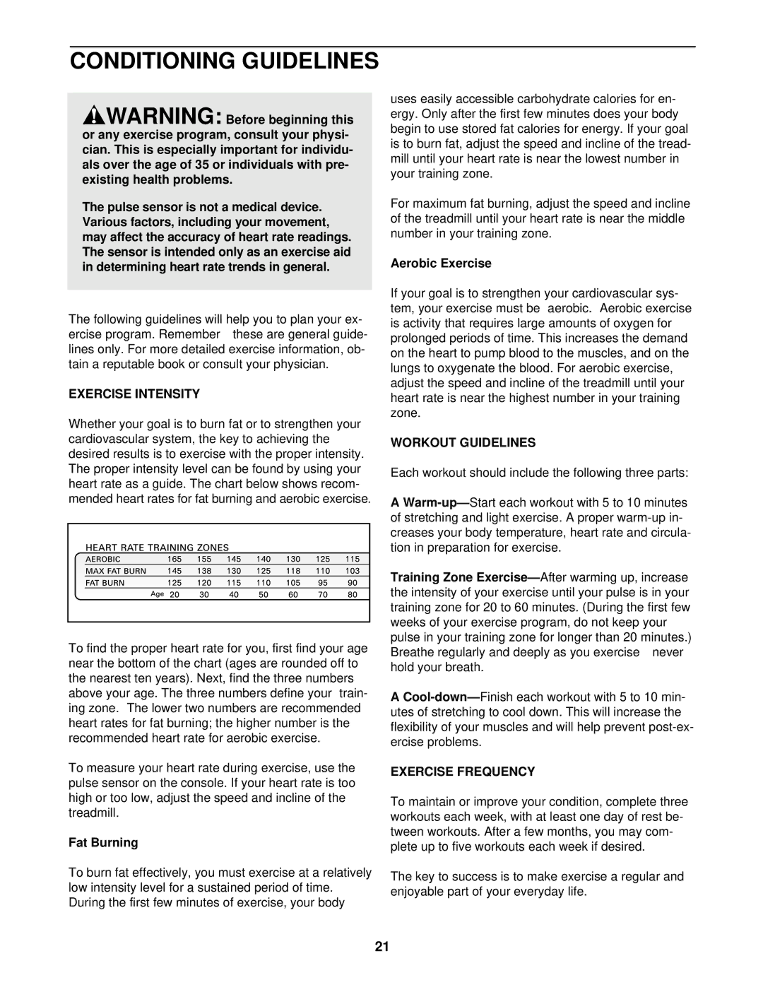 ProForm PCTL59100 user manual Conditioning Guidelines, Exercise Intensity, Workout Guidelines, Exercise Frequency 