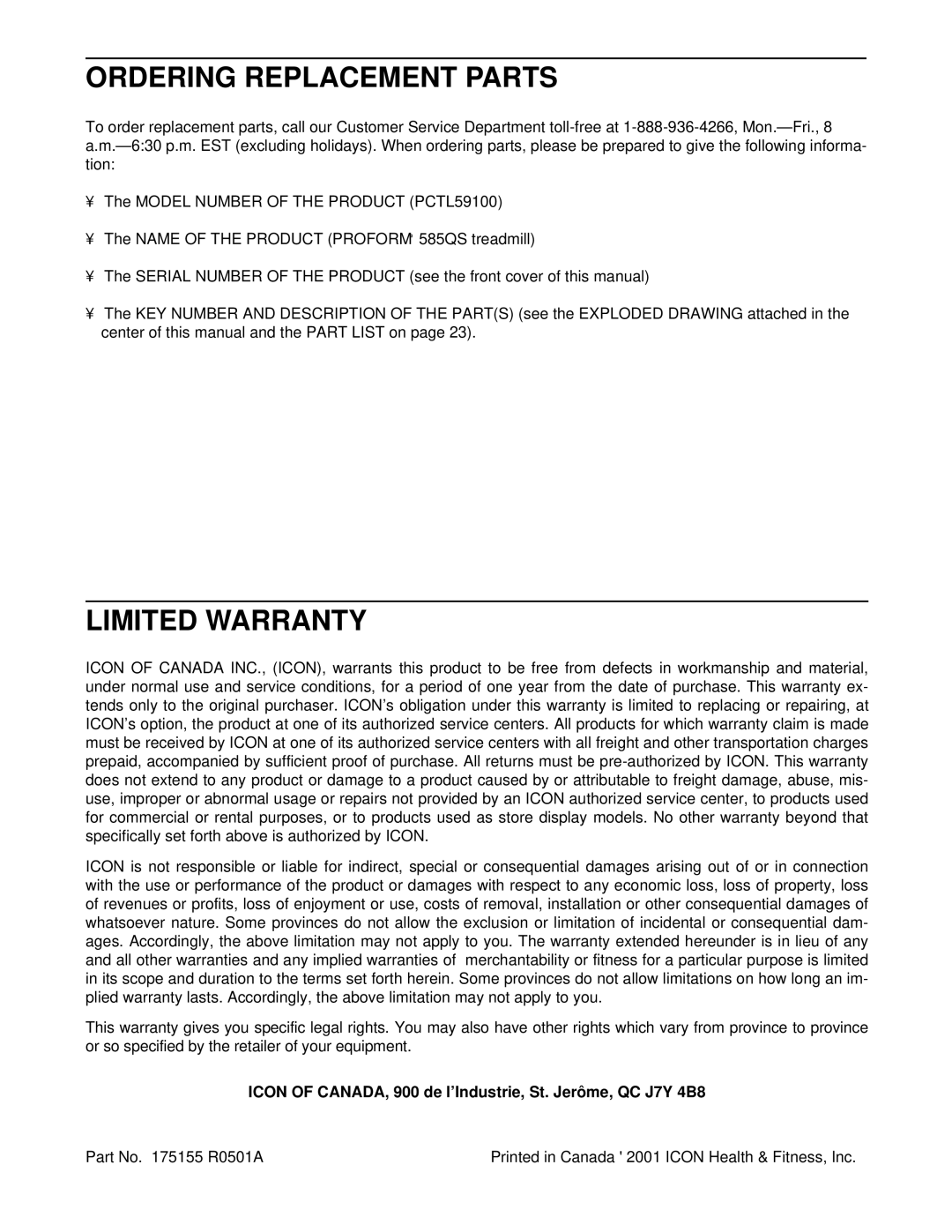 ProForm PCTL59100 Ordering Replacement Parts, Limited Warranty, Icon of CANADA, 900 de l’Industrie, St. Jerôme, QC J7Y 4B8 