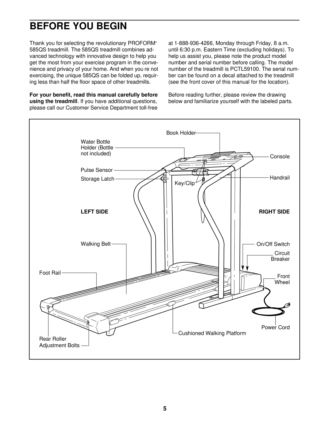 ProForm PCTL59100 user manual Before YOU Begin, Left Side Right Side 