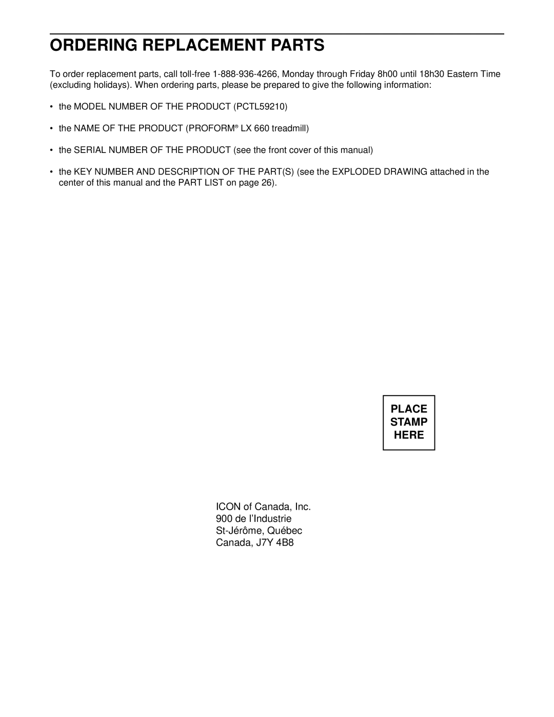 ProForm PCTL59210 user manual Ordering Replacement Parts 