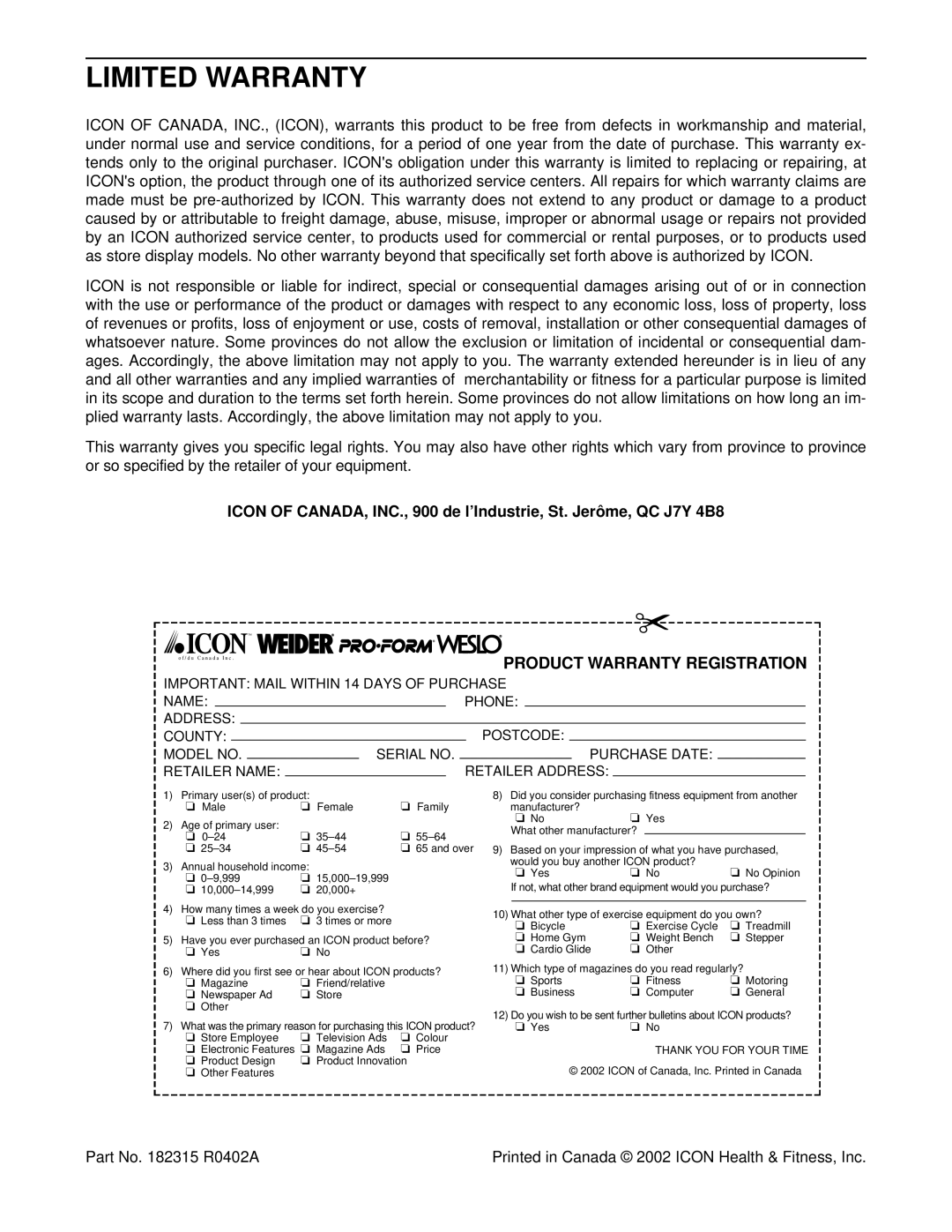 ProForm PCTL59210 user manual Limited Warranty, Product Warranty Registration 