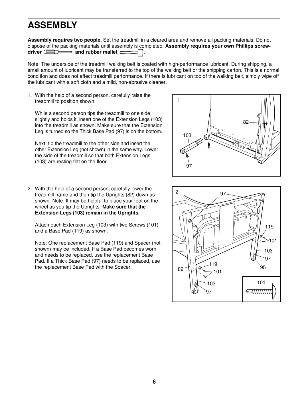 ProForm PCTL59210 user manual Assembly, Driver and rubber mallet, Extension Legs 103 remain in the Uprights 