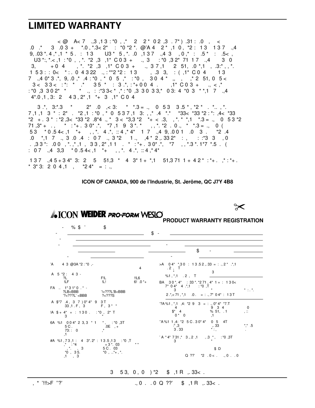 ProForm PCTL62590 user manual Limited Warranty, Icon of CANADA, 900 de l’Industrie, St. Jerôme, QC J7Y 4B8, Part No R1101A 