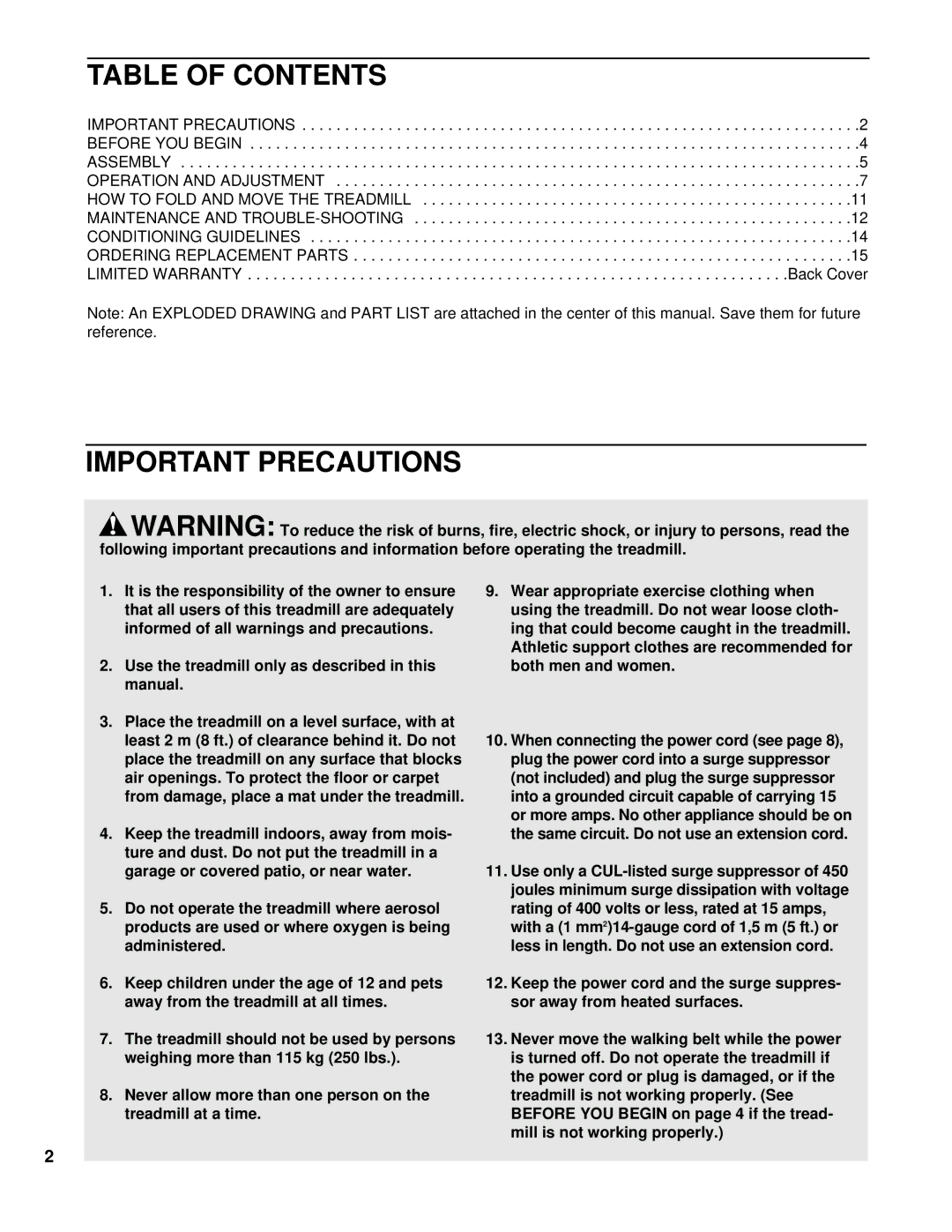 ProForm PCTL62590 user manual Table of Contents, Important Precautions 