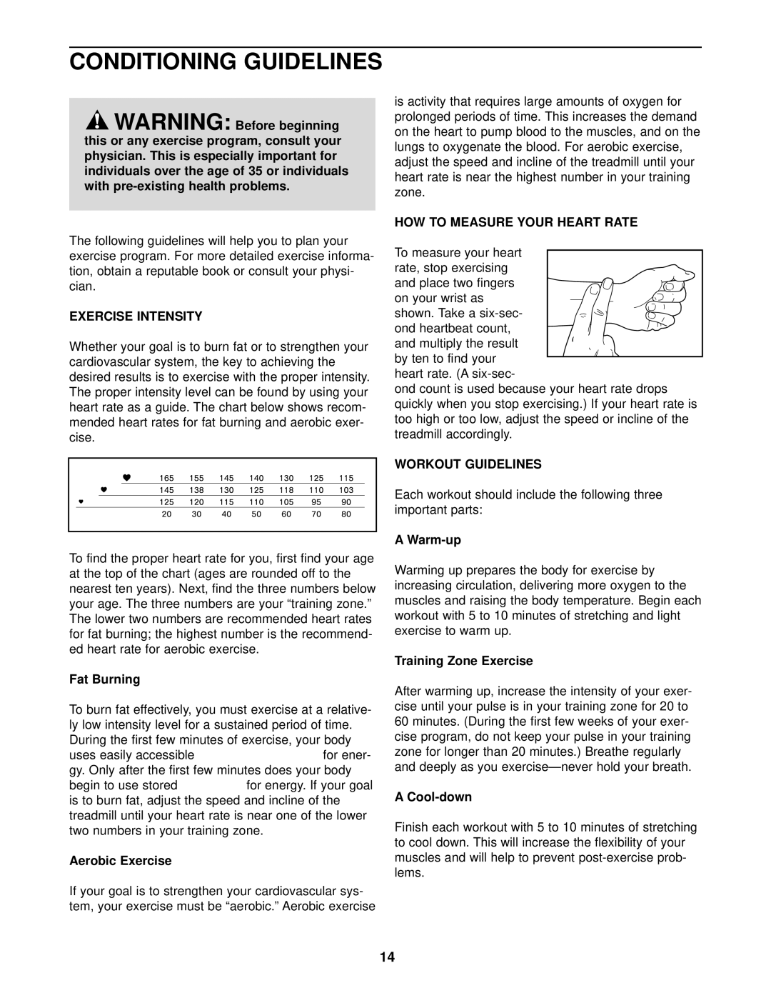 ProForm PCTL69030 Conditioning Guidelines, Exercise Intensity, HOW to Measure Your Heart Rate, Workout Guidelines 