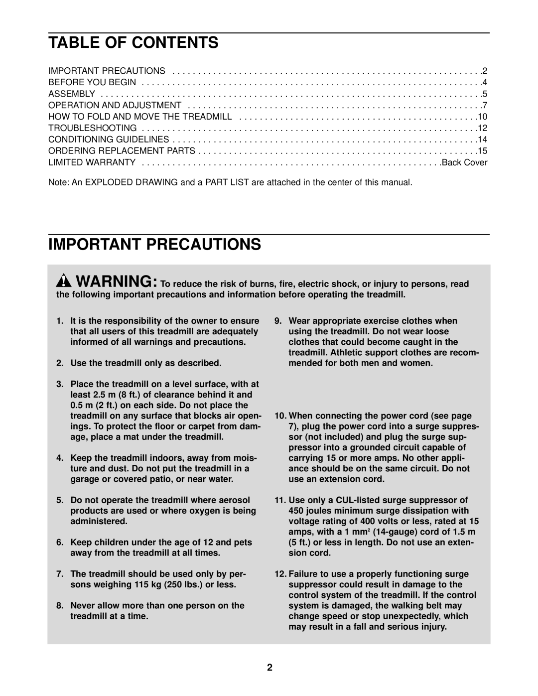 ProForm PCTL69030 user manual Table of Contents, Important Precautions 