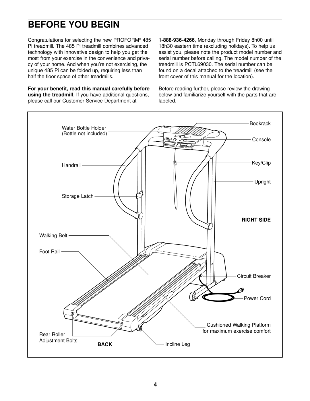 ProForm PCTL69030 user manual Before YOU Begin, 485, For your benefit, read this manual carefully before, Right Side, Back 