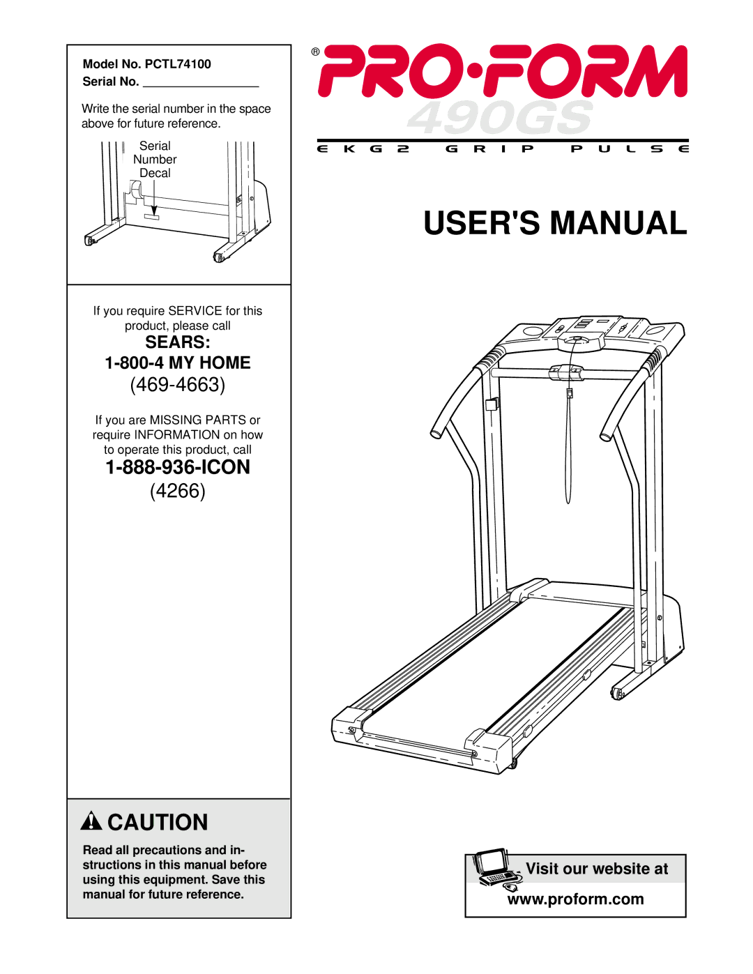 ProForm user manual Icon, Model No. PCTL74100 Serial No 