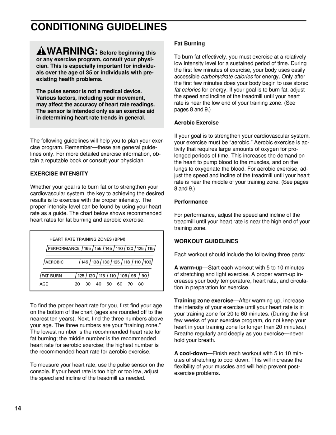 ProForm PCTL74100 user manual Conditioning Guidelines, Exercise Intensity, Workout Guidelines 