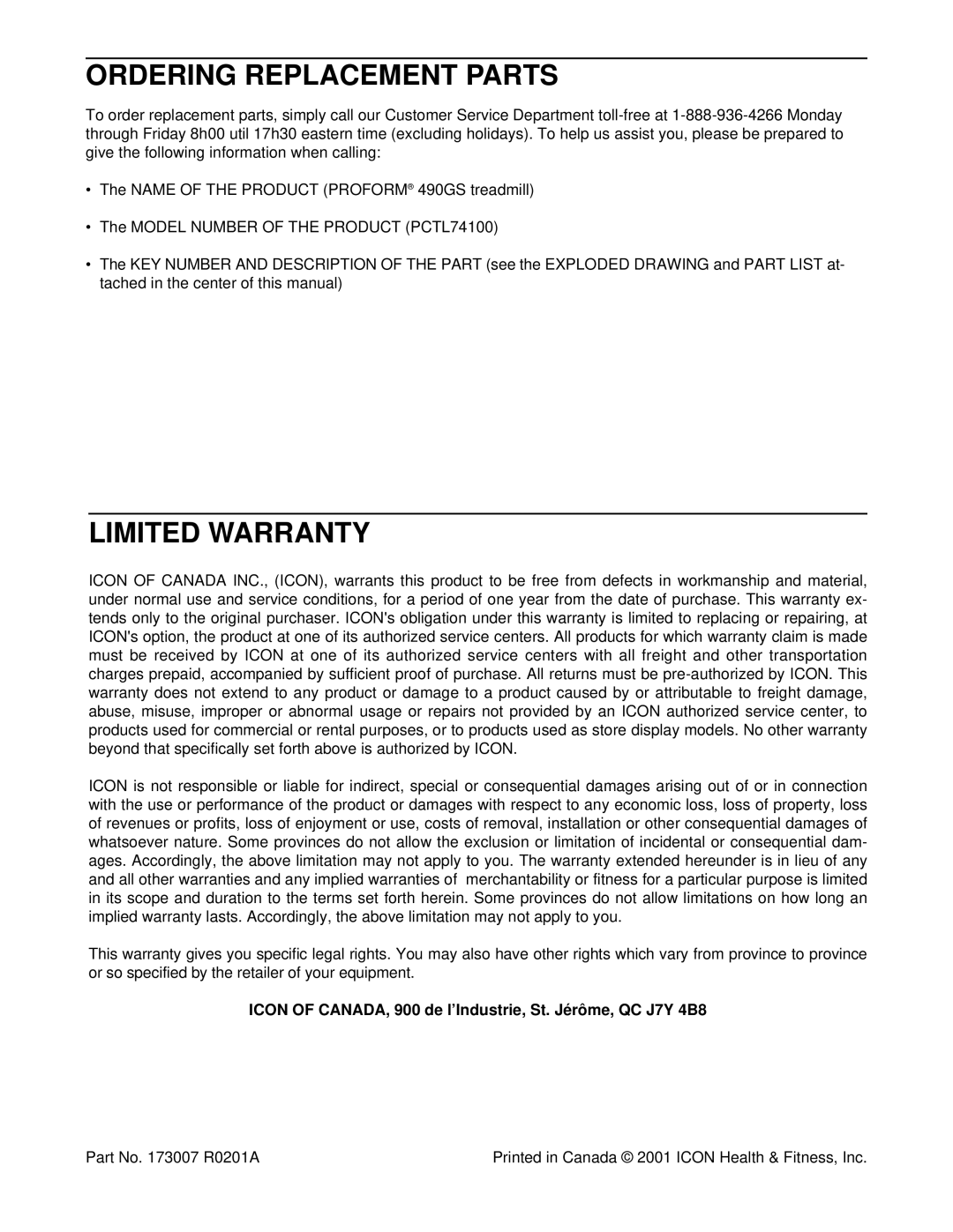 ProForm PCTL74100 Ordering Replacement Parts, Limited Warranty, Icon of CANADA, 900 de l’Industrie, St. Jérôme, QC J7Y 4B8 