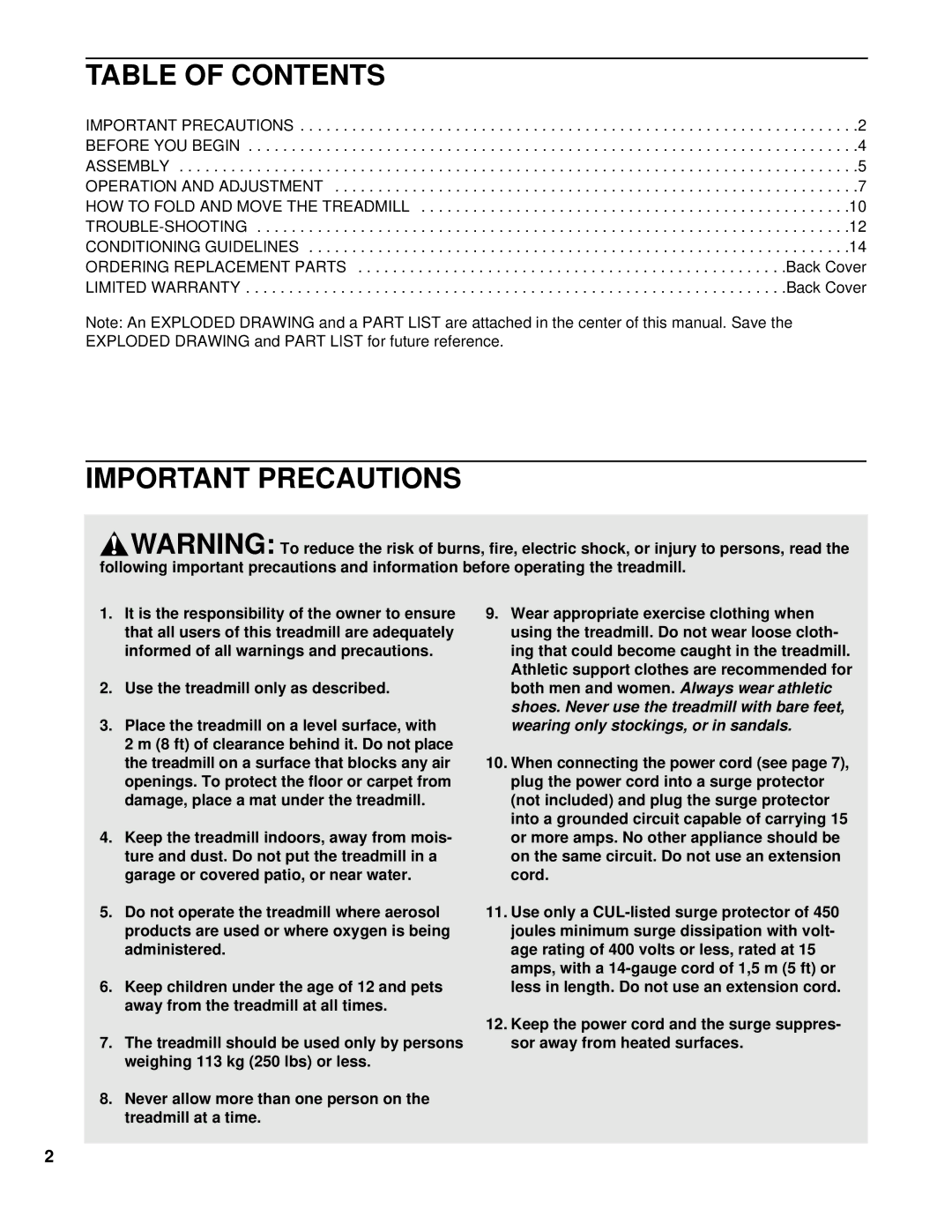 ProForm PCTL74100 user manual Table of Contents, Important Precautions 