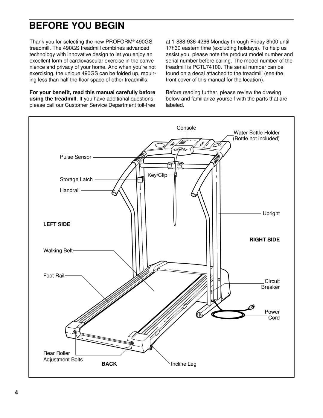 ProForm PCTL74100 user manual Before YOU Begin, Left Side Right Side, Back 