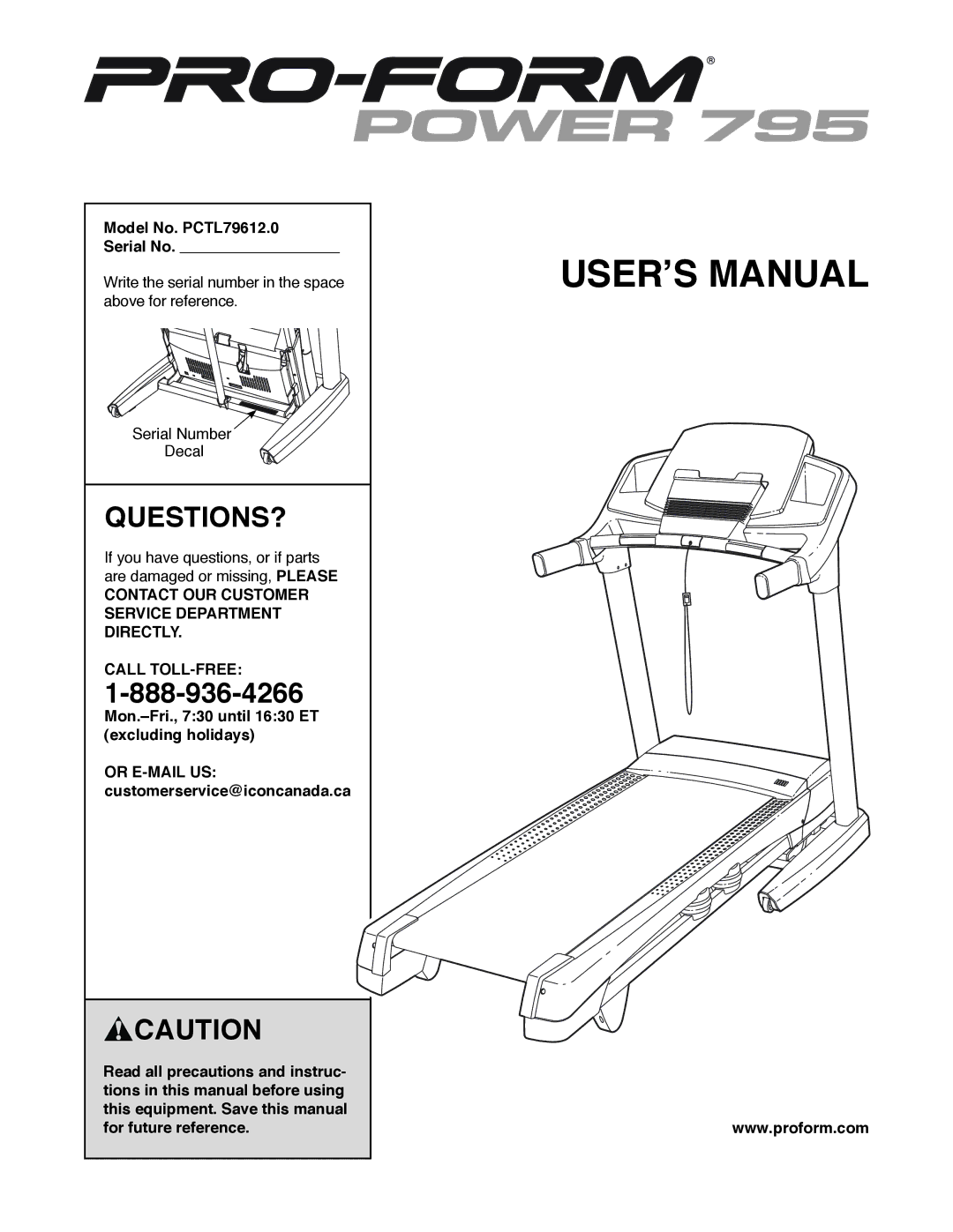 ProForm user manual Questions?, Model No. PCTL79612.0 Serial No 