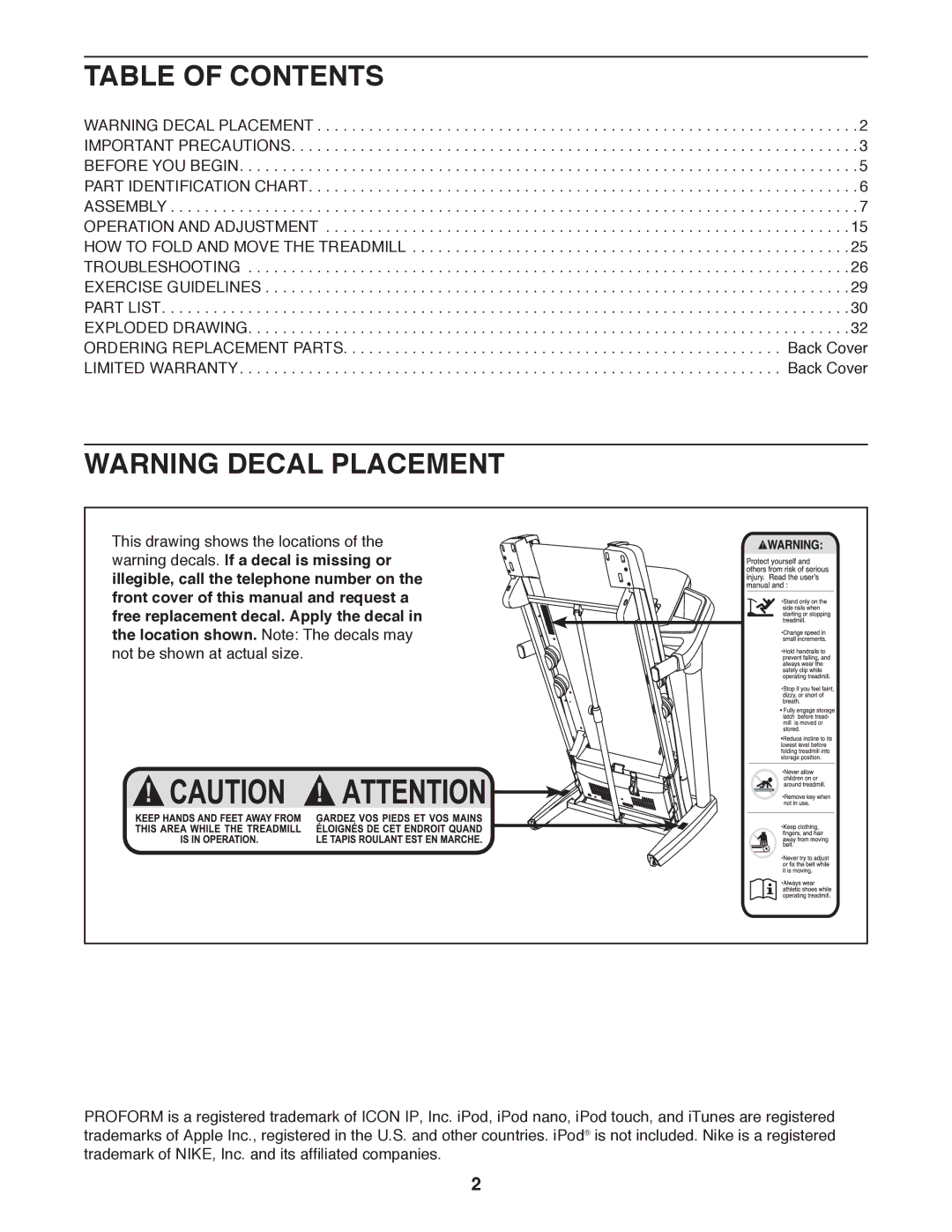 ProForm PCTL79612.0 user manual Table of Contents 