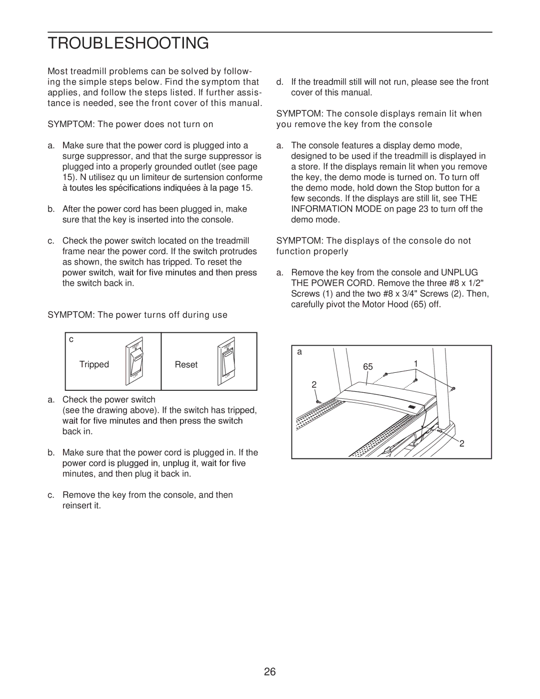 ProForm PCTL79612.0 user manual Troubleshooting, Symptom The power turns off during use 