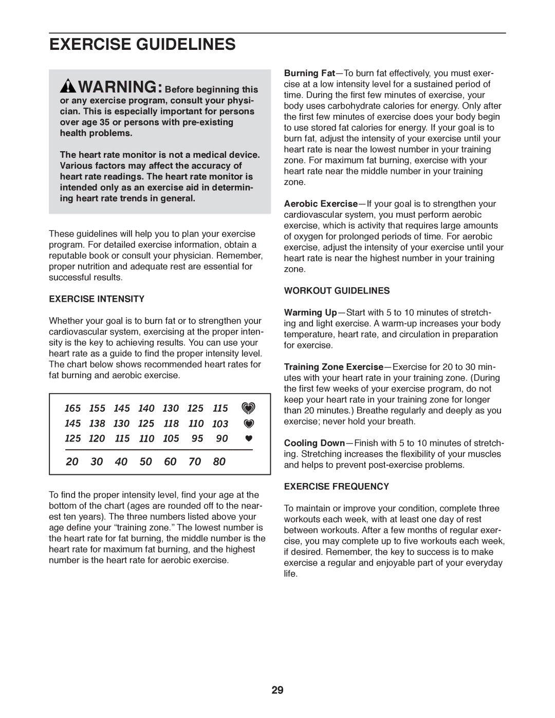 ProForm PCTL79612.0 user manual Exercise Guidelines, Exercise Intensity, Workout Guidelines, Exercise Frequency 