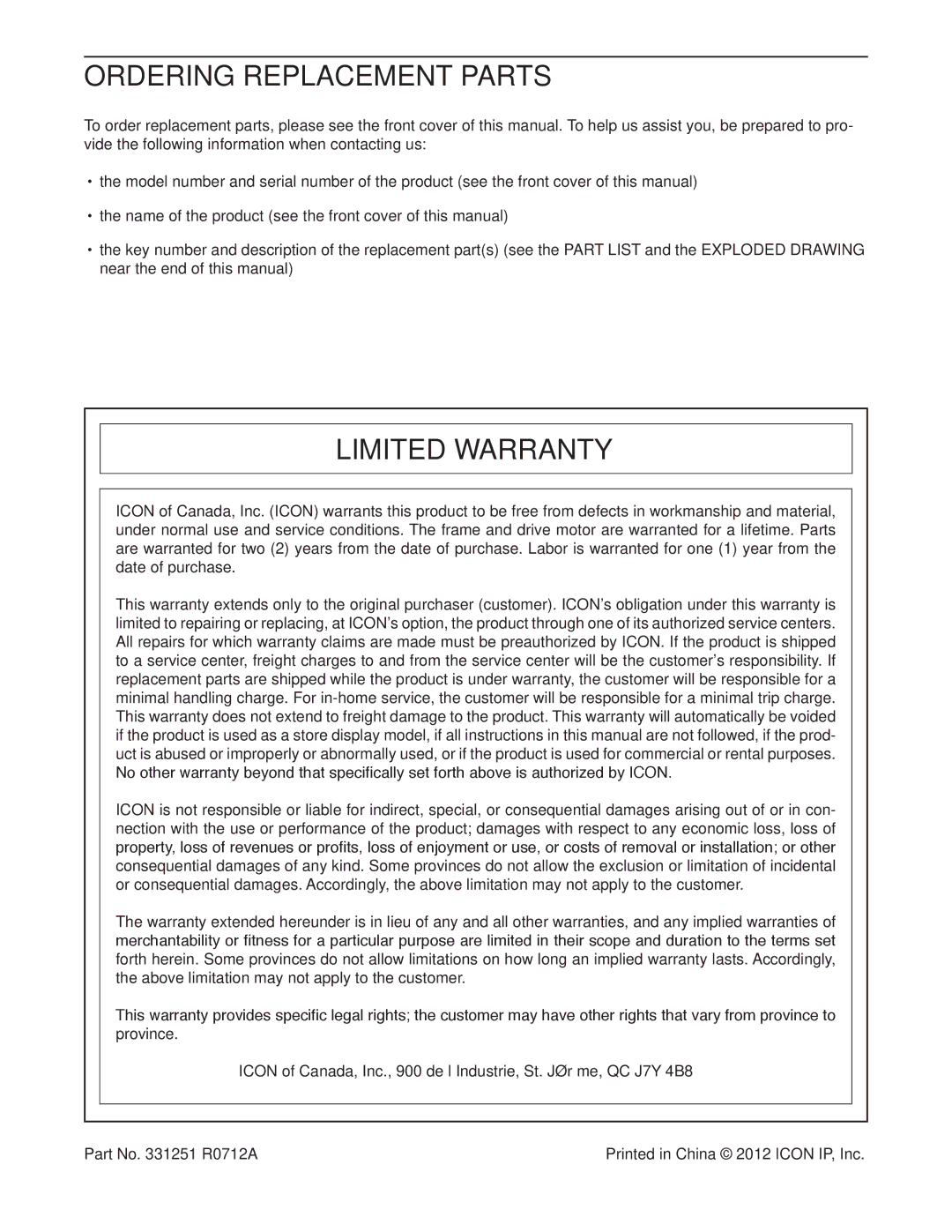 ProForm PCTL79612.0 user manual Ordering Replacement Parts, Limited Warranty 