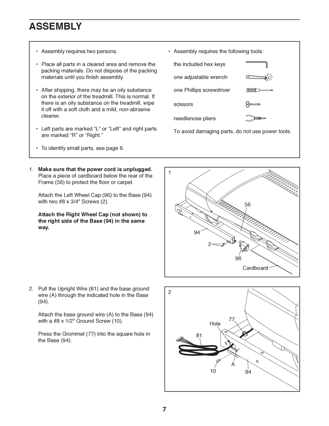 ProForm PCTL79612.0 user manual Assembly, Make sure that the power cord is unplugged 