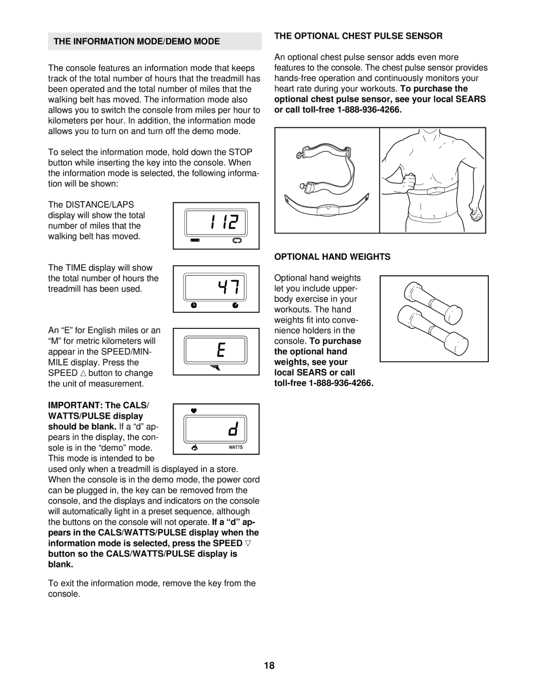 ProForm PCTL88101 user manual Information MODE/DEMO Mode, Optional Chest Pulse Sensor, Optional Hand Weights 