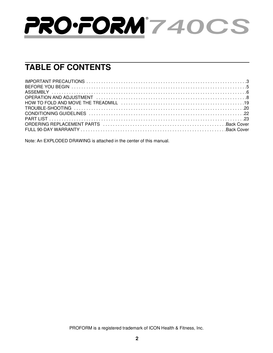 ProForm PCTL88101 user manual Table of Contents 