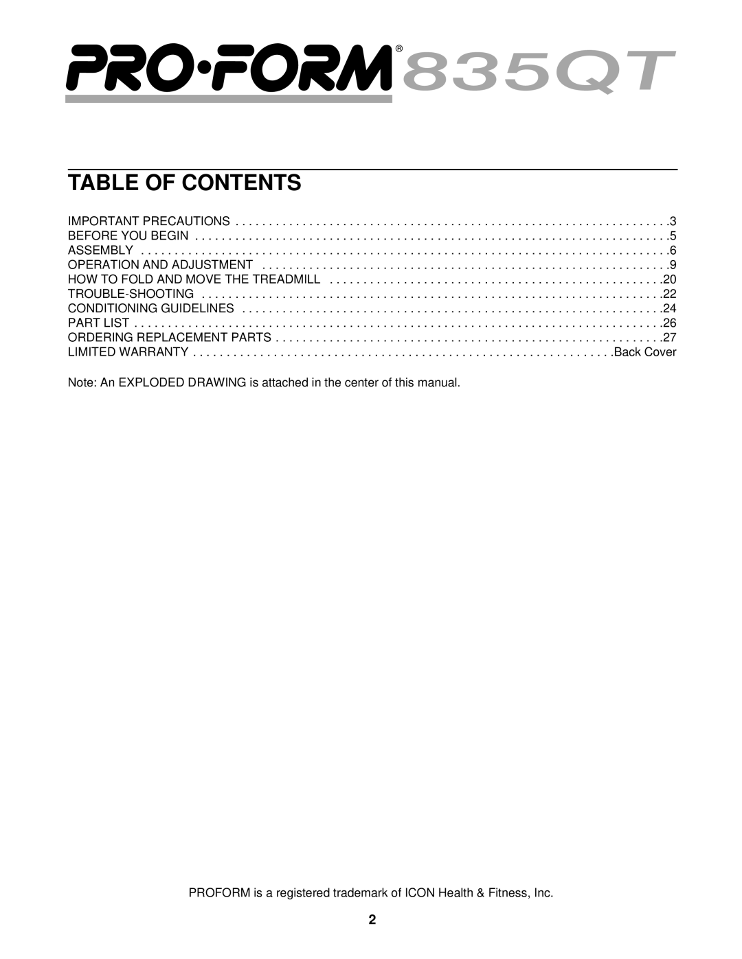 ProForm PCTL92101 user manual Table of Contents 