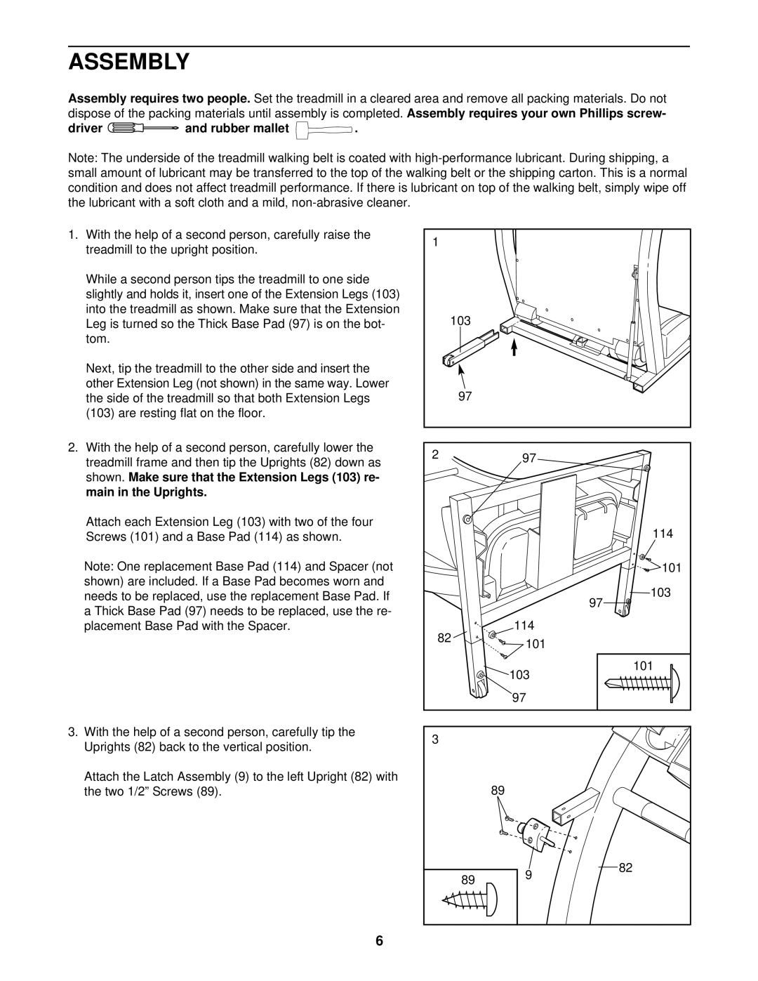 ProForm PCTL92101 user manual Assembly, Driver and rubber mallet 