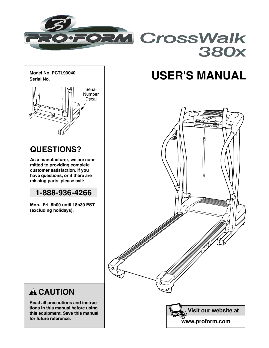 ProForm user manual Questions?, Model No. PCTL93040 Serial No 