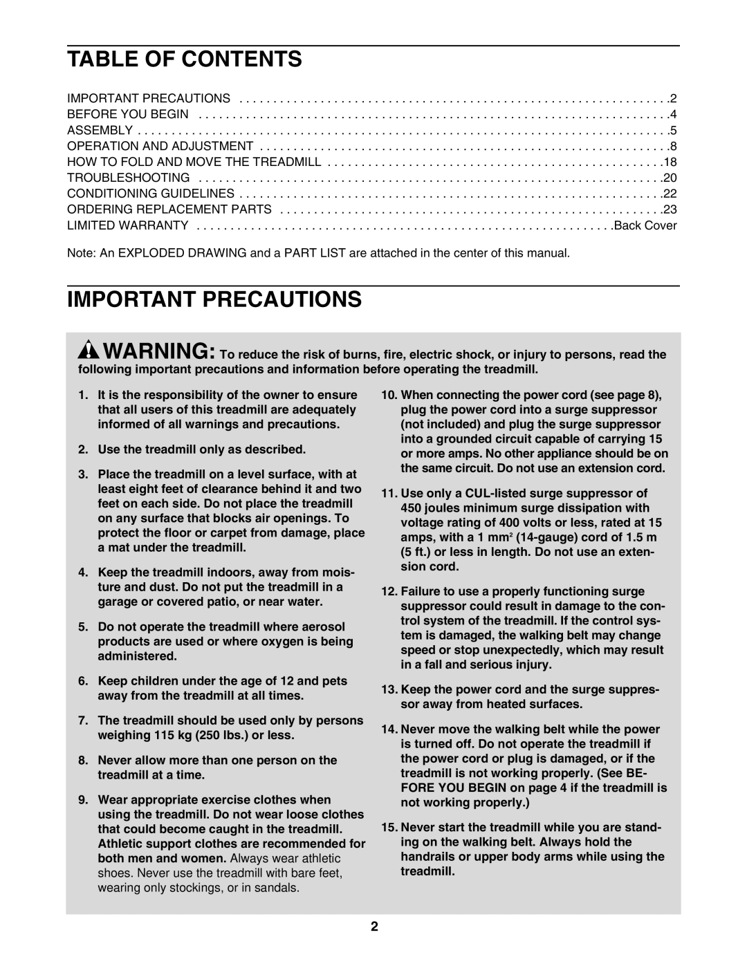 ProForm PCTL93040 user manual Table of Contents, Important Precautions 