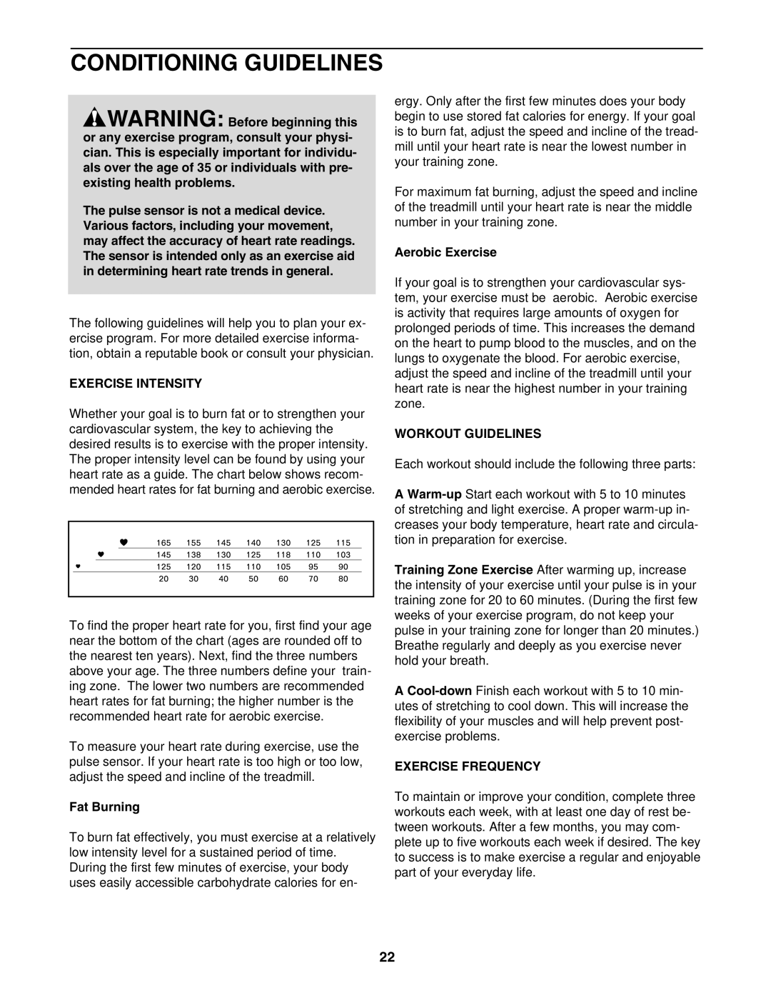 ProForm PCTL93040 user manual Conditioning Guidelines, Exercise Intensity, Workout Guidelines, Exercise Frequency 