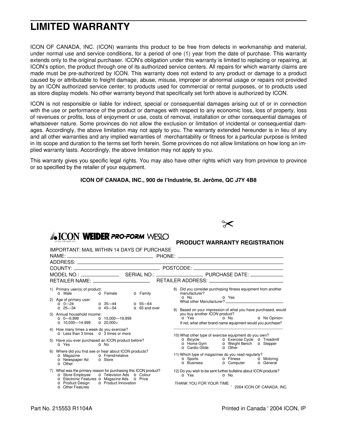 ProForm PCTL93040 user manual Limited Warranty, Product Warranty Registration 