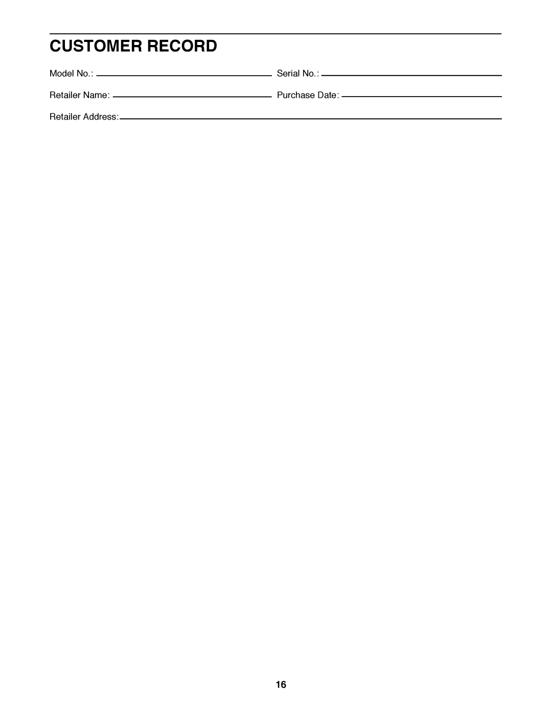 ProForm PCTL93070 user manual Customer Record 