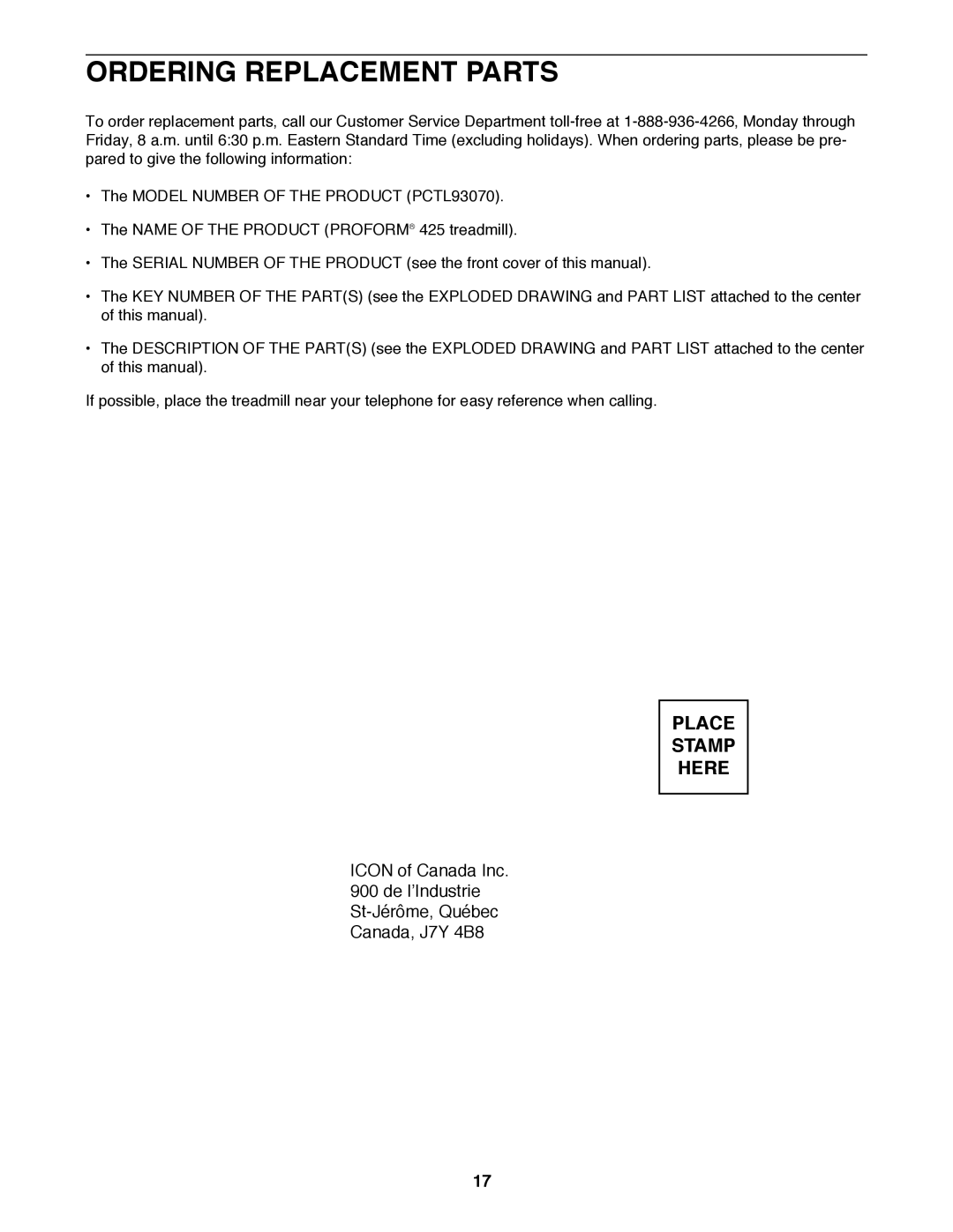 ProForm PCTL93070 user manual Ordering Replacement Parts 