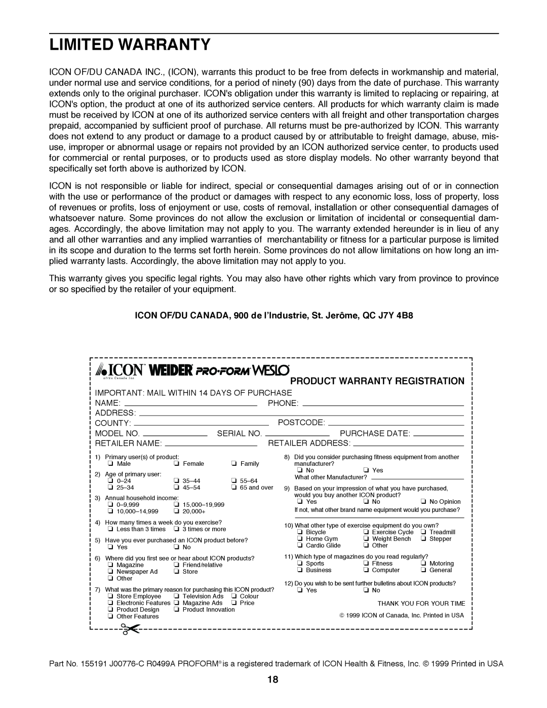 ProForm PCTL93070 user manual Limited Warranty, Product Warranty Registration 