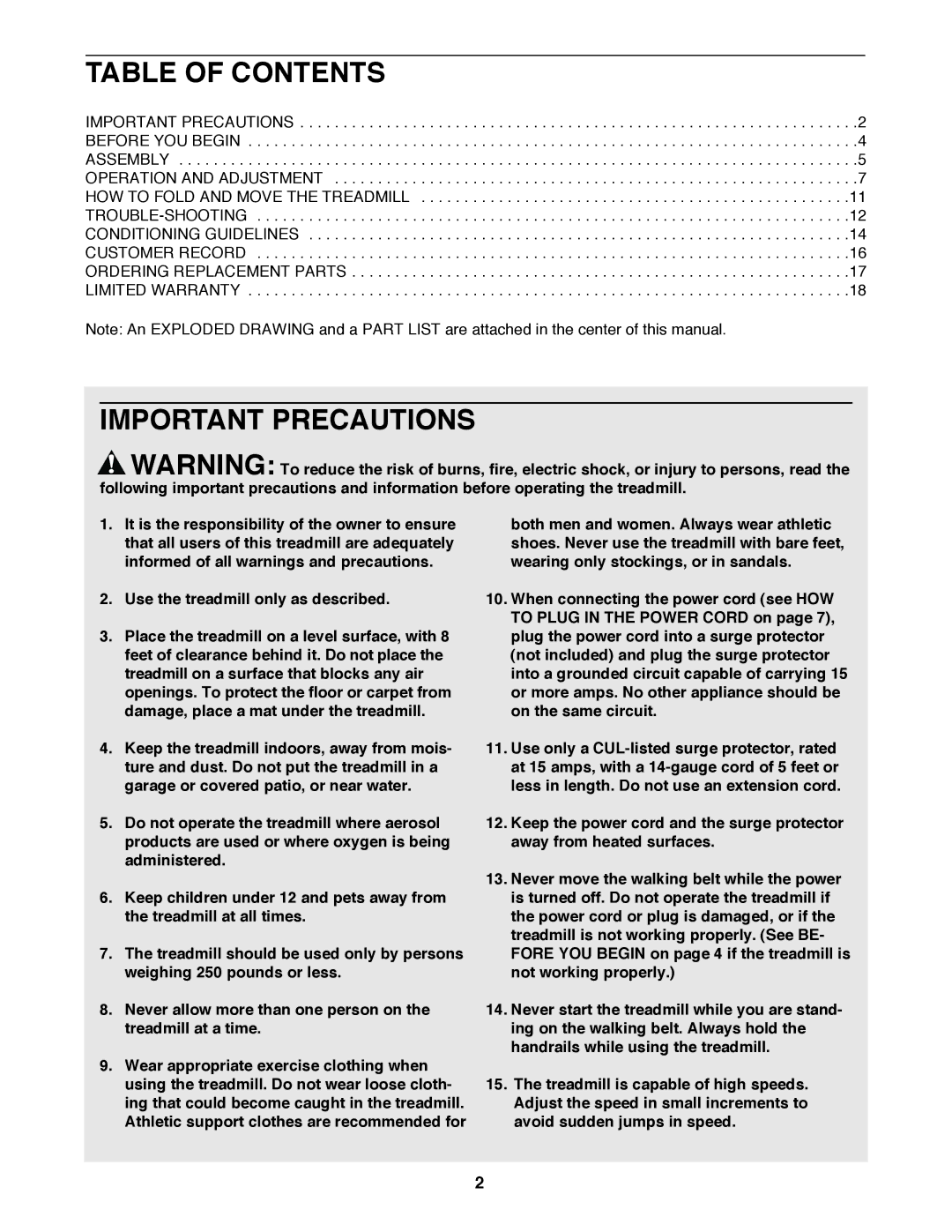 ProForm PCTL93070 user manual Table of Contents, Important Precautions 