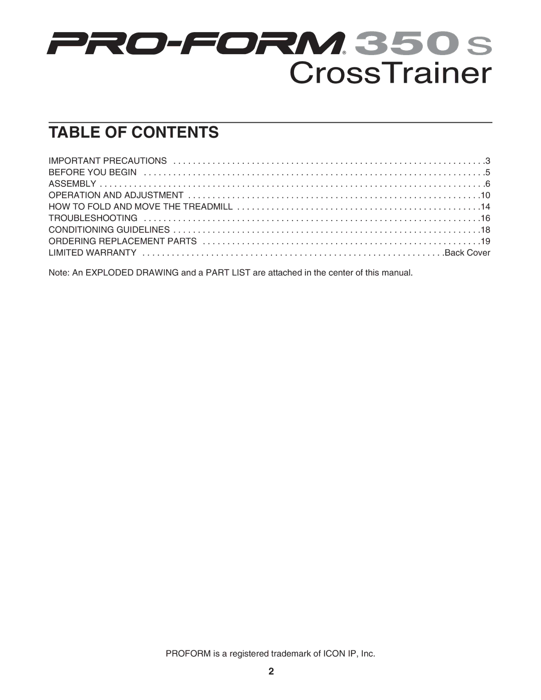 ProForm PCTL93240 user manual Table of Contents 