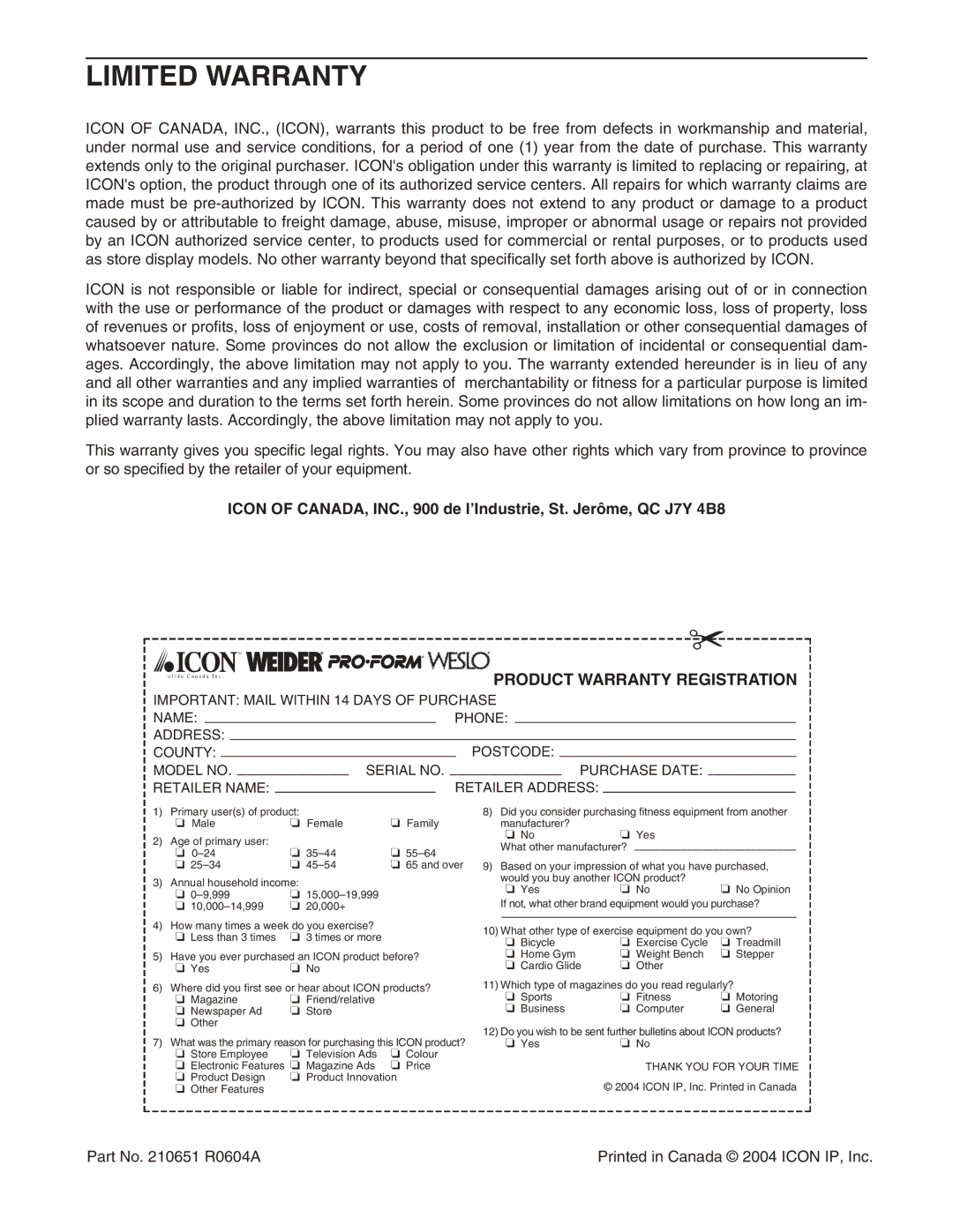 ProForm PCTL93240 user manual Limited Warranty, Product Warranty Registration 