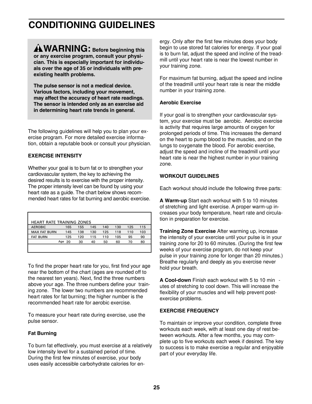 ProForm PCTL94040 user manual Conditioning Guidelines, Exercise Intensity, Workout Guidelines, Exercise Frequency 