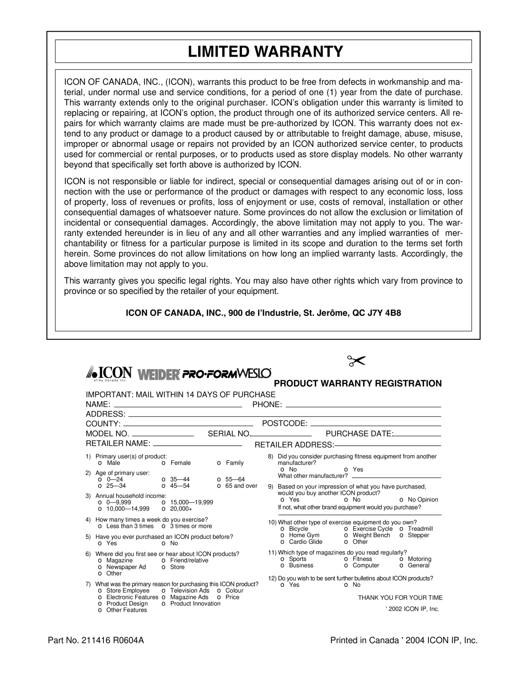 ProForm PCTL94040 user manual Limited Warranty, Product Warranty Registration 