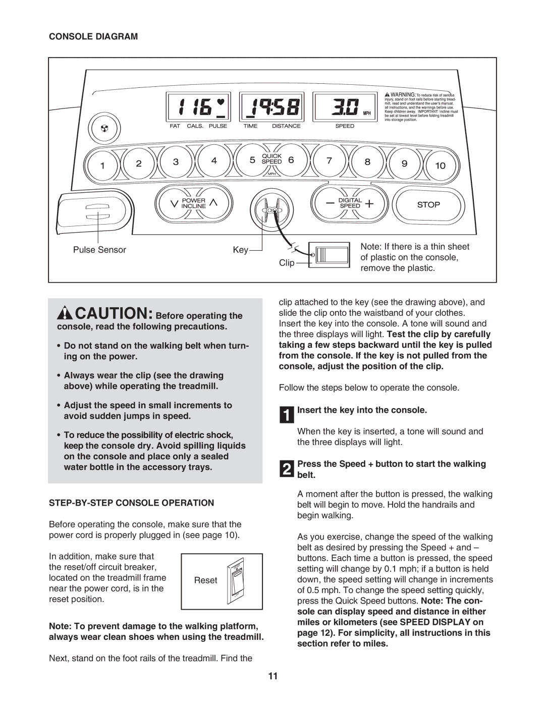 ProForm PCTL95235.0 user manual Console Diagram, STEP-BY-STEP Console Operation, Insert the key into the console 