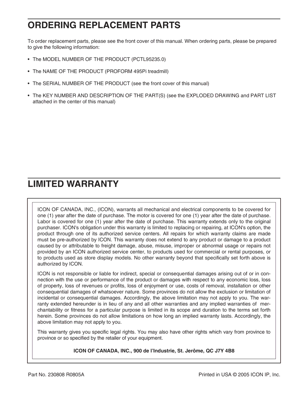 ProForm PCTL95235.0 user manual Ordering Replacement Parts, Limited Warranty 