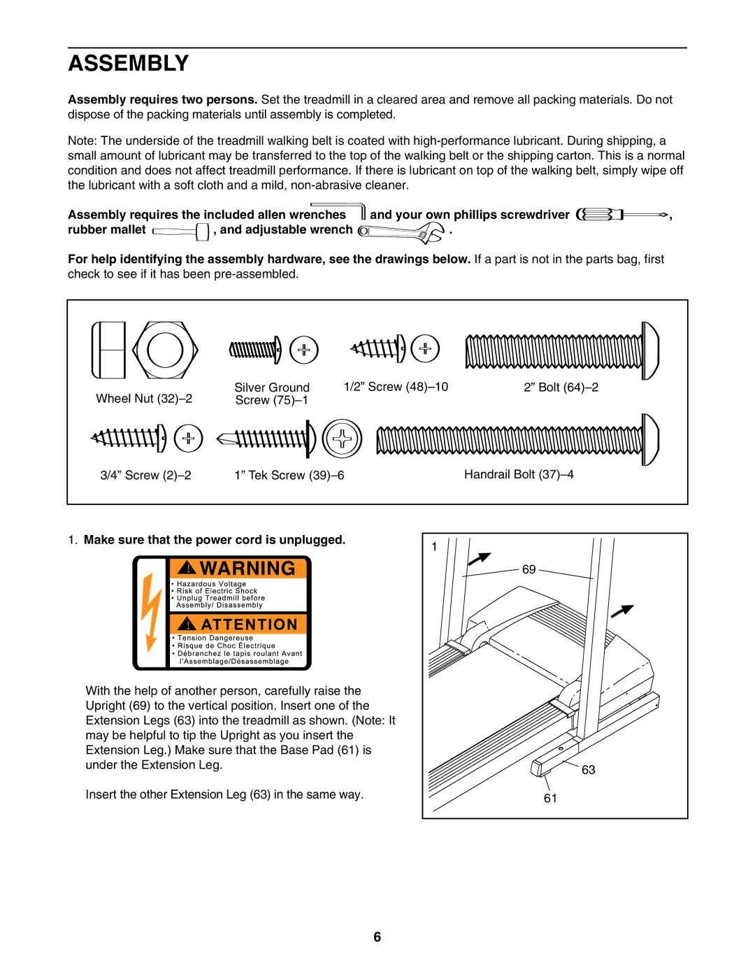 ProForm PCTL95235.0 user manual Assembly, Make sure that the power cord is unplugged 