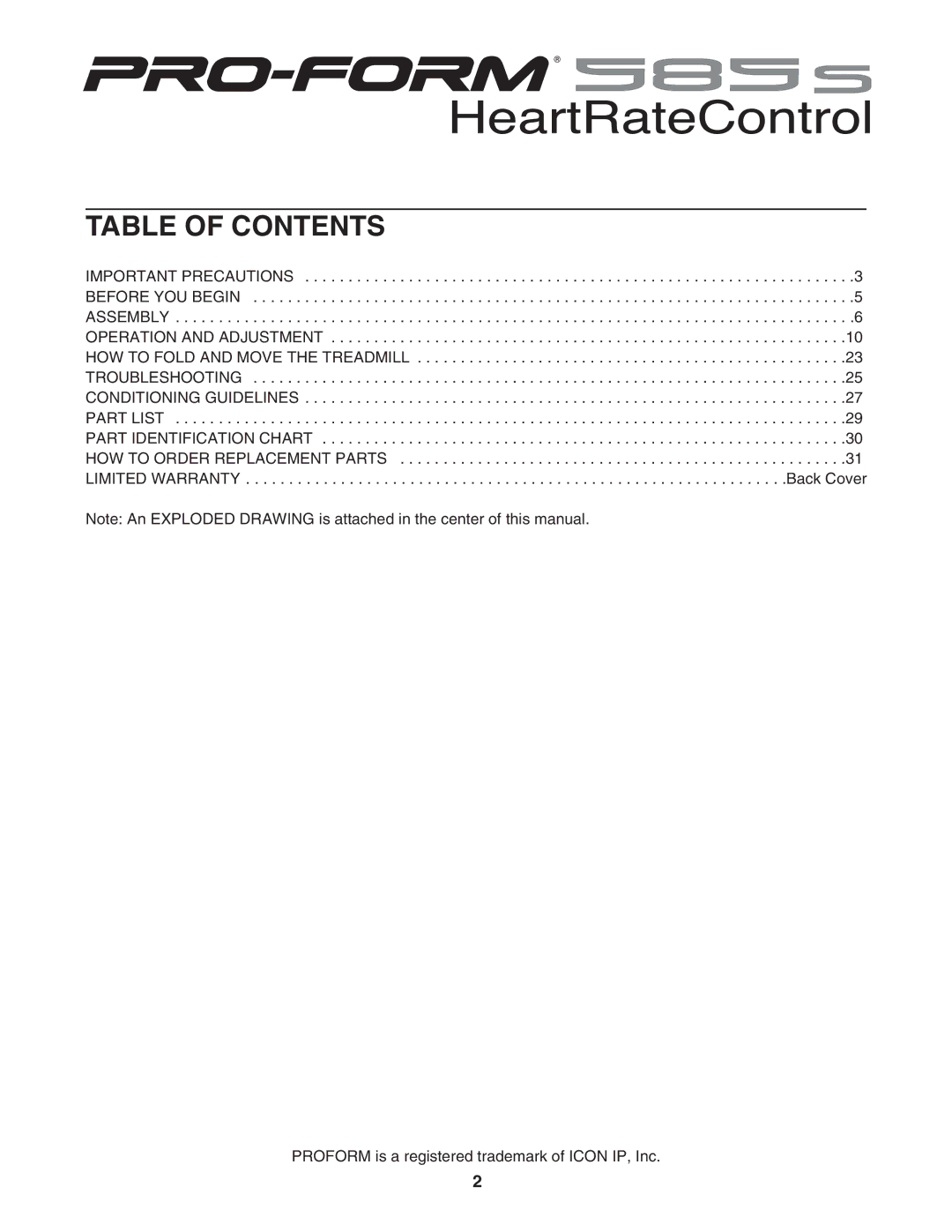 ProForm PCTL96040 user manual Table of Contents 